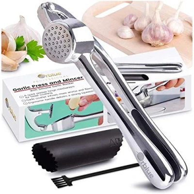 Image of ORBLUE Garlic Press, Stainless Steel Mincer and Crusher with Rocker Peeler Set Professional Grade, Dishwasher Safe