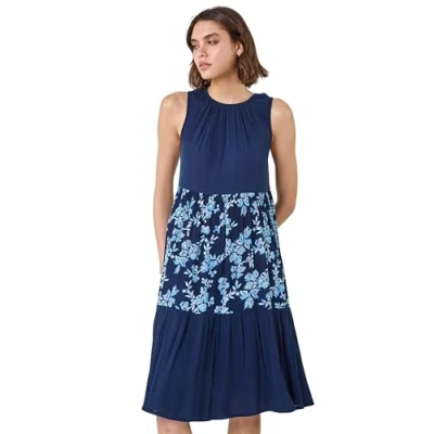Image of Roman Aztec Panel Midi Smock Dress for Women UK Ladies Spring Everyday Summer Holiday Round Neckline Comfy Sleeveless Soft Daywear Frock Vacation Beach Gowns Navy Size 10
