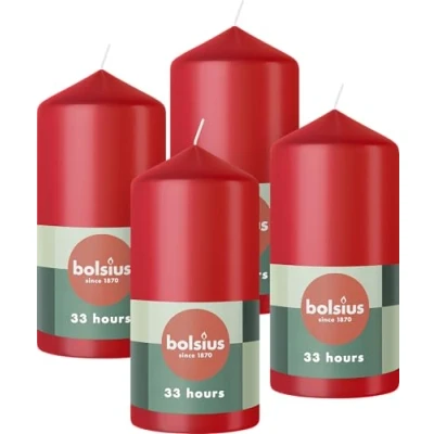 Image of Bolsius Pillar Candles Red 4 Pack 12 x 6 cm Decorative Household Long Burning Time of 33 Hours Unscented Includes Natural Vegan Wax Without Palm Oil