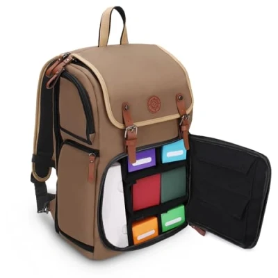 Image of ENHANCE Full Size Trading Card Storage Box Backpack for Playing Case Binder Space, TCG Deck Storage, Playmat Holder Compatible with Magic The Gathering, YuGiOh, DND (Tan)