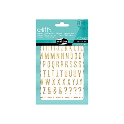 Image of Maildor Ref AE070O Glitty Stickers (Pack of 2 Sheets) Alphabet &amp; Number Designs Gold 16 x 10.5cm, Printed in Colour Glitter, Contains 228 Total