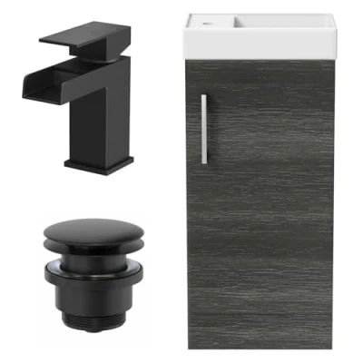 Image of AURORA® 400mm Bathroom Vanity Unit Ceramic Wash Sink Floorstanding Storage Cabinet Reversible Soft Close Cupboard &amp; Black Waterfall Basin Mixer Tap Waste Set, Charcoal Grey