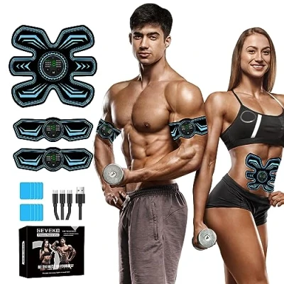 Image of SEVEKO ABS Trainer EMS Muscle Stimulator, Stimulator Men Women, Safty Effective Quick Trainer, Full body Workout 8 Mode &amp; 15 Intensity, 10pcs Replacement Hydrogel (Blue)