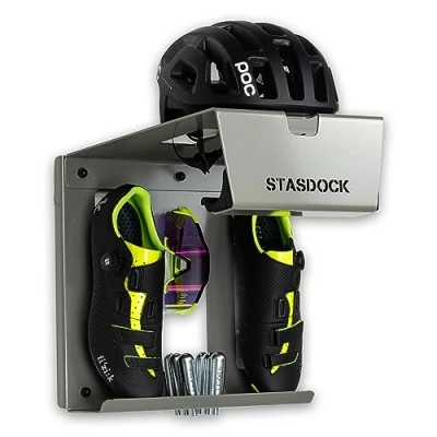 Image of Stasdock Premium wall Mount bike storage system for Race Bicycles (Silver Metallic) Shelf bracket also helmet and shoes solution your home or garage