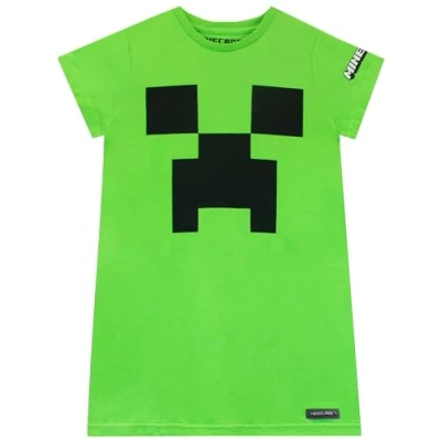 Image of Minecraft Girls Pyjamas Creeper Nightdress Gamer Pjs Gaming Gifts Green 11 to 12 Years