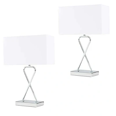 Image of MiniSun Pair of Contemporary Polished Chrome Table Lamps with a White Rectangular Shade