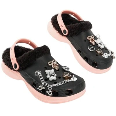 Image of CityComfort Girls Clogs with Fleece Lining and Removable Charms, Garden Shoes Gifts (Black, 1 UK)