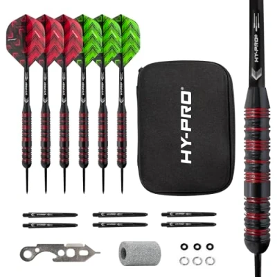 Image of Hy Pro Darts Set 22g Steel Tip Darts, 6x Aluminium Shafts, Plastic 12 Flights, O&#039;Rings, Spring Rings, Dart Sharpener, Tool, With Case, Great Gift Idea, Accessories