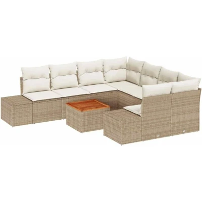 Image of vidaXL 9 Piece Garden Sofa Set with Cushions Beige Poly Rattan Acacia