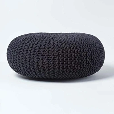 Image of HOMESCAPES Black Knitted Pouffe Footstool Occasional Seat Bean Filled 100% Cotton for Living Room Children or the Elderly