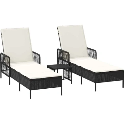 Image of vidaXL Sun Lounger Set of 3 Black and cream white PE rattan, metal