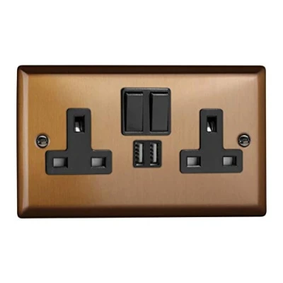 Image of Varilight 2 Gang 13A Single Pole Switched Socket + 2x5V DC 2100mA USB Charging Ports Brushed Bronze