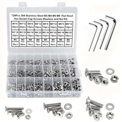 Image of FandWay 720Pcs M3 M4 M5 M6 Flat Head Hex Socket Cap Screws, 304 Stainless Steel Countersunk Machine Screw,Bolt Nut Washers Assortment Set with 4 Wrench and Storage Case.