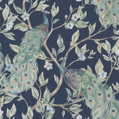 Image of World of Wallpaper Keeka Peacock Bird Themed Modern Metallic Highlights for Living Room and Bedroom Navy Blue 946100