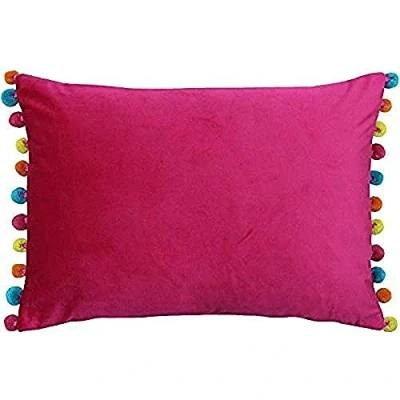 Image of Riva Paoletti Fiesta Rectangular Cushion Cover Multicoloured Pompom Edges Soft Velvet Fabric Reversible Zip Closure 100% Polyester 35 x 50cm (14&quot; 20&quot; inches), Polyester, Hot Pink/Multi,
