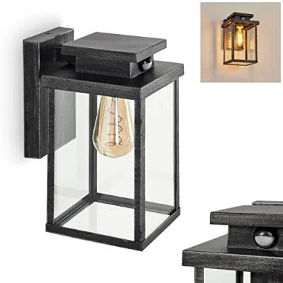 Image of outdoor wall lamp Tieva with motion detector, modern lamp, metal/glass in black/silver/clear, angular E27, light effect for the entrance area, IP44, without bulb