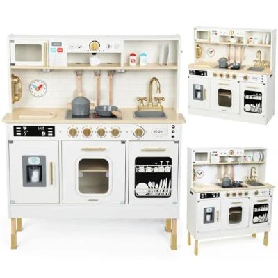 Image of Mamabrum Wooden Kitchen for Kids 3+, Play with LED Lighting, Pretend Toys, XXL Interactive Toy Microwave, Dishwasher, Coffee Machine, Oven, Sink, Faucet and Accessories