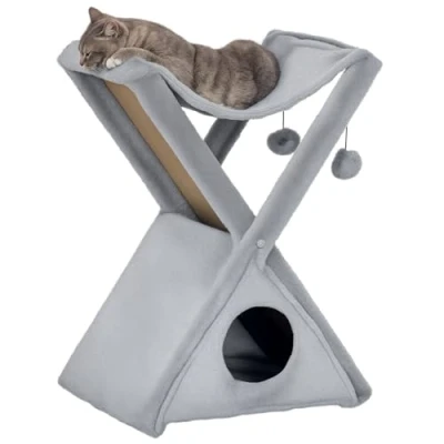 Image of PawHut Two Tier Cat Tree for Indoor Cats Play Rest Activity Tower Plush Folding Relax Center w/Scratching Post Hammock Pom Poms Grey