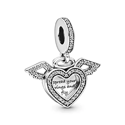 Image of Pandora Moments Women&#039;s Sterling Silver Heart and Angel Wings Cubic Zirconia Dangle Charm for Bracelet, No Box