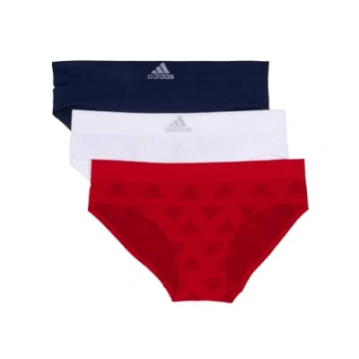 Image of adidas Women&#039;s Seamless Hipster Underwear 3 Pack Panties, Vivid Red W. Logo Jacq/White/Night Indigo, L