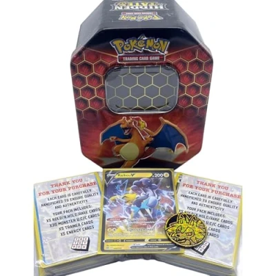 Image of The Toy Box® Tin Bundle 100 Assorted Pokemon Cards, 1x Rare Ultra Shiny Card &amp; Game Coin Compatible with TCG