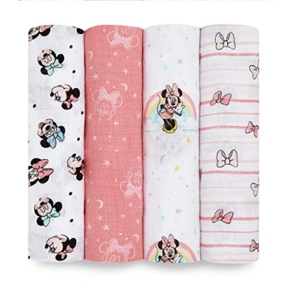 Image of Aden + anais Swaddle Blanket, Muslin Blankets for Girls &amp; Boys, Baby Receiving Swaddles, Ideal Newborn Gifts, Unisex Infant Shower Items, Wearable Swaddling Set, 4 Pk, Minnie Mouse Rainbows