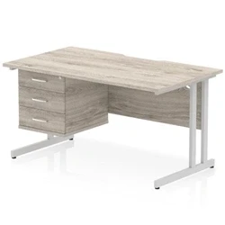 Image of Impulse 1400 x 800mm Scalloped Edge Office Desk Grey Oak Top Silver Cantilever Leg Workstation 1 3 Drawer Fixed Pedestal