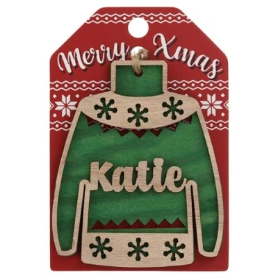 Image of Katie Name Christmas Jumper Wooden Tree Decoration Personalised Bauble Xmas Green