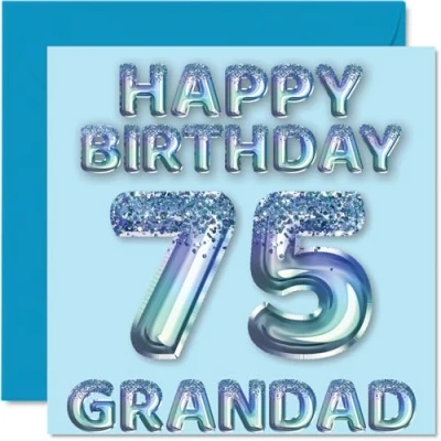 Image of 75th Birthday Card for Grandad Blue Glitter Party Balloons Happy Cards 75 Year Old from Grandson Granddaughter, 145mm x Bday Greeting Gift