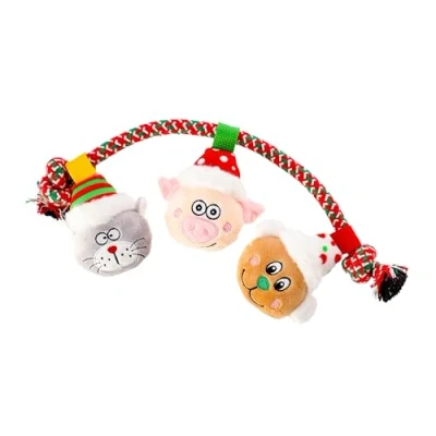 Image of DINGO Rope Dog Toy with 3 Plush Animals and Sewn in Squeaker, Funny for Training, Tug of War, Fetch, Play, 34 cm Long, Multicolor 17479
