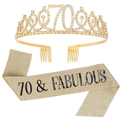 Image of SUSSURRO &quot;70 and Fabulous Sash Rhinestone Tiara Set,70th Birthday Gifts for Women Party Supplies( Gold)