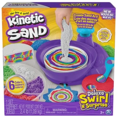 Image of Kinetic Sand, Deluxe Playset, 2.5lbs of Play Sand (Red, Blue, Green, Yellow, White &amp; Purple), 4 Tools, for Kids KNS Sandwhirlz, New F22: Swirl N Surprise