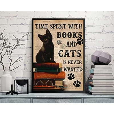 Image of Niekea Vintage Metal Tin Sign Time Spent With Books and Cats Is Never Wasted Poster, Black Cat Reading Book Funny Wall Art, Lover Decor plaque 12x8 Inch
