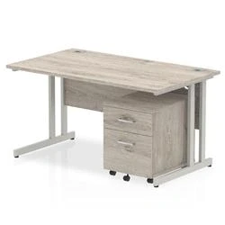Image of Impulse 1400x800mm Desk Grey Oak WhiteCantilever Leg and Mobile Ped