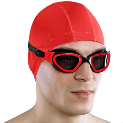 Image of AqtivAqua Swimming Goggles Adult and Kids 6 14 Men Women Swim Childrens Boys Girls DX P (Polarised Lenses Red/Black Frame)