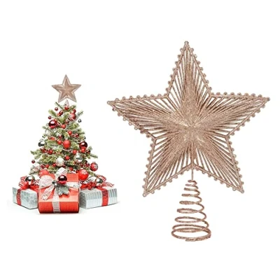 Image of Christmas Tree Top Star Glittered, Metallic Topper Decorations for Tree, Xmas Ornaments and Holiday Decor Size 24cm (Rose Gold)