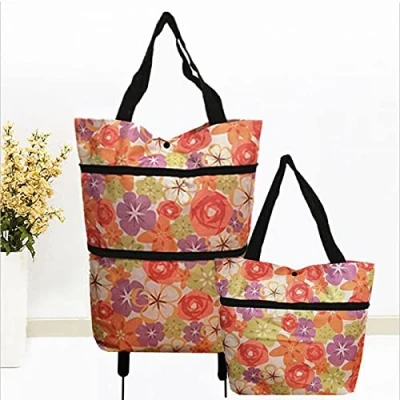 Image of 2 In 1 Foldable Shopping Cart, Reusable Trolleys Bags &amp; Storage Baskets, Oxford Cloth Waterproof Collapsible Trolley Bag (Lily)