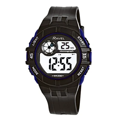 Image of Ravel Mens Round 3ATM Digital Quartz Watch with Light RDG.14.15 Black/Blue