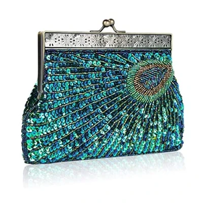 Image of Vintage Sequin Peacock Clutch Bag, Antique Beaded Evening Handbag Bags, Turquoise Eye Catching Purse for Wedding (Blue)