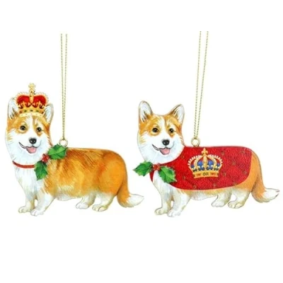 Image of Gisela Graham Corgis with Crowns Wooden Tree Hanging Decorations (Set of 2)