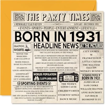 Image of 93rd Birthday Cards for Men Women Born In 1931 Newspaper Happy 93 Card Grandad Grandma Nan Vintage Retro Back 1931, 145mm x Ninety Three Third Bday Greeting