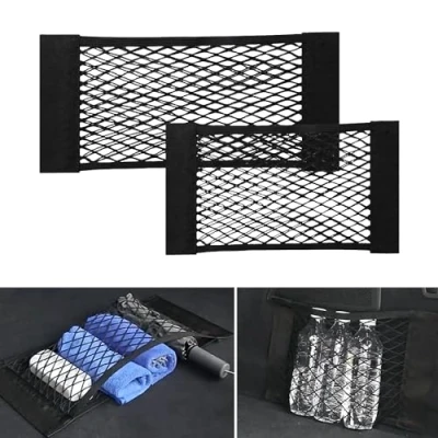 Image of SYEYCW 2 Pcs Black Adhesive Mesh Cargo Net, 60 X 25cm &amp; 40 Elastic String Storage Bag, Car Trunk Net Organizer, for Bottles, Groceries, Back Seat Car, Truck