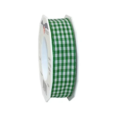 Image of Präsent Vichy Wired Ribbon Green White 25 mm Width, 20 m Length