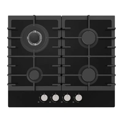 Image of Statesman GH160GB 4 Zone Gas Glass Hob, Front Dial Control, Automatic Ignition, 60 cm, Includes LPG Conversion Kit, Durable Cast Iron Pan Supports, Black