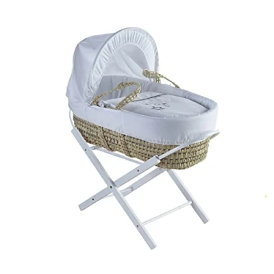 Image of Kinder Valley White Wish Upon A Star Palm Moses Basket with Folding Stand White, Adjustable Hood, Fibre Mattress &amp; Padded Liner