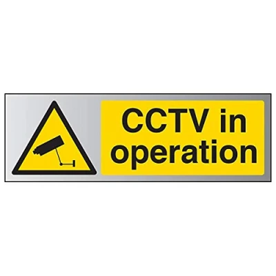 Image of V Safety Warning General CCTV In Operation Sign 450mm x 150mm Self Adhesive Alu Effect