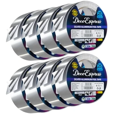 Image of DECO EXPRESS Aluminium Foil Tape Adhesive Insulating Sealer 4.5cm x 10m/25m/50m Heat Resistant Waterproof Insulation (25 M, 8 Pcs)