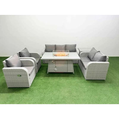Image of Pe Rattan Garden Furniture Set Reclining Chair Sofa Double Love Seat 2 Seater Lounge Firepit Dining Table Side Light Grey Fimous