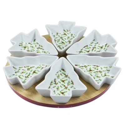 Image of Lesser &amp; Pavey Gift Item Serving Bowls Decorative Set in Christmas Tree Shape 6 Ceramic Snacks Dip Appetizer Olives Dishes on Round Tray Board