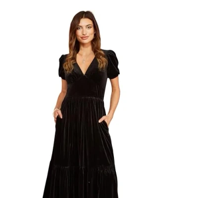 Image of Yumi Womens Black Velvet Midi Dress Size 14 UK